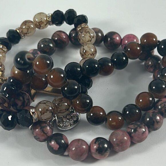 Lot 3 Stretch Bracelets Brown Stone Apple Cross Charm Rhinestones Beaded - Picture 9 of 9